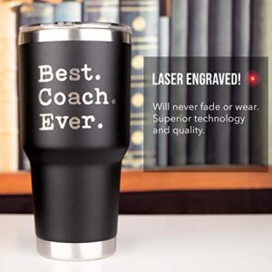 JENVIO Coach Gifts | Best Coach Ever | Stainless Steel Laser Etched Travel Tumbler Coffee Mug with 2 Lids and 2 Straws | Basketball Volleyball Wrestling Swimming Christmas (30 Ounce Black)