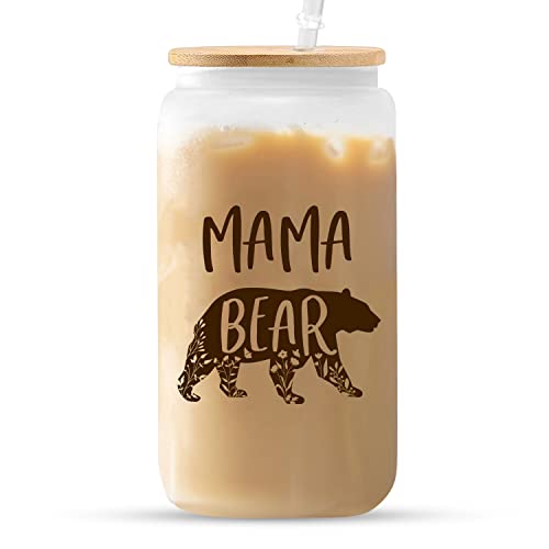 Vprintes Mothers Day Gifts for Mom from Daughter Son - Mothers Day Gifts for Wife from Husband - Valentines Day Gifts for her - Mama Bear Coffee Glass 16oz