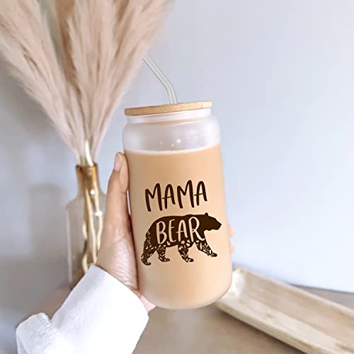 Vprintes Mothers Day Gifts for Mom from Daughter Son - Mothers Day Gifts for Wife from Husband - Valentines Day Gifts for her - Mama Bear Coffee Glass 16oz