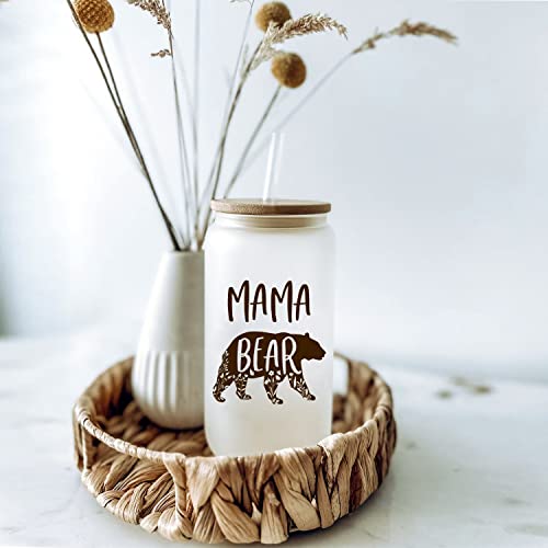 Vprintes Mothers Day Gifts for Mom from Daughter Son - Mothers Day Gifts for Wife from Husband - Valentines Day Gifts for her - Mama Bear Coffee Glass 16oz