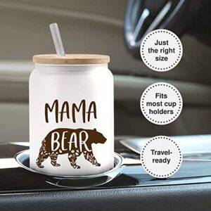 Vprintes Mothers Day Gifts for Mom from Daughter Son - Mothers Day Gifts for Wife from Husband - Valentines Day Gifts for her - Mama Bear Coffee Glass 16oz