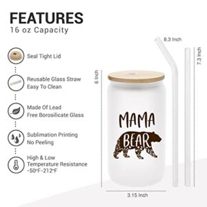 Vprintes Mothers Day Gifts for Mom from Daughter Son - Mothers Day Gifts for Wife from Husband - Valentines Day Gifts for her - Mama Bear Coffee Glass 16oz
