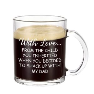 dazlute funny glass coffee mug gifts for stepmom, with love from the child you inherited clear coffee cups with handle, mother’s day christmas birthday gifts for stepmom stepmother, 11 oz