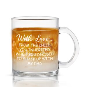 DAZLUTE Funny Glass Coffee Mug Gifts for Stepmom, With Love from the Child You Inherited Clear Coffee Cups with Handle, Mother’s Day Christmas Birthday Gifts for Stepmom Stepmother, 11 Oz
