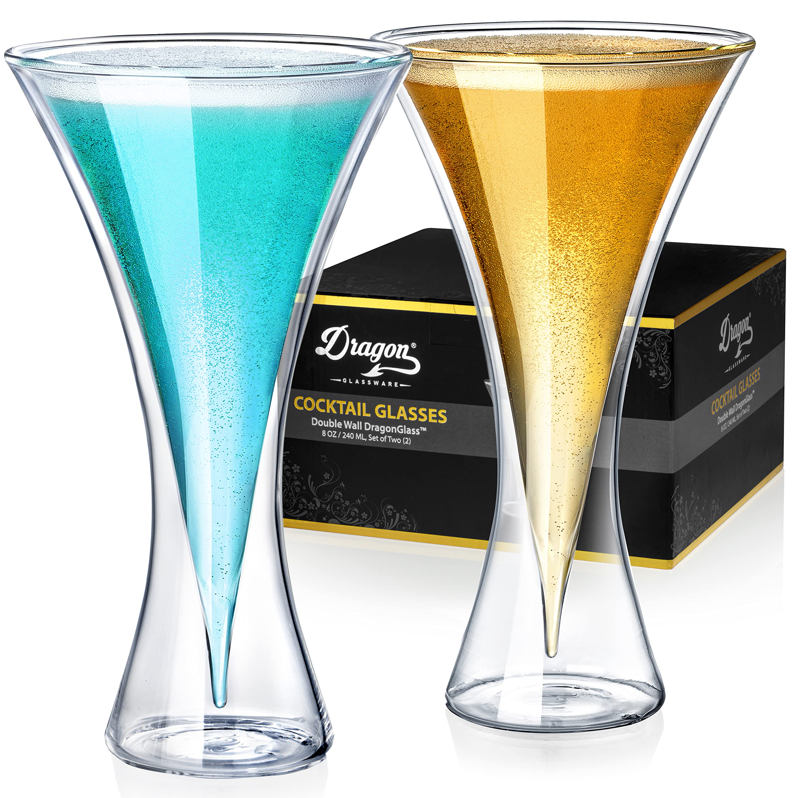 Dragon Glassware Martini Glasses, Clear Double Wall Insulated Cocktail Glass, Unique and Futuristic Drinkware, Keeps Drinks Cold Longer, 8 oz Capacity, Set of 2