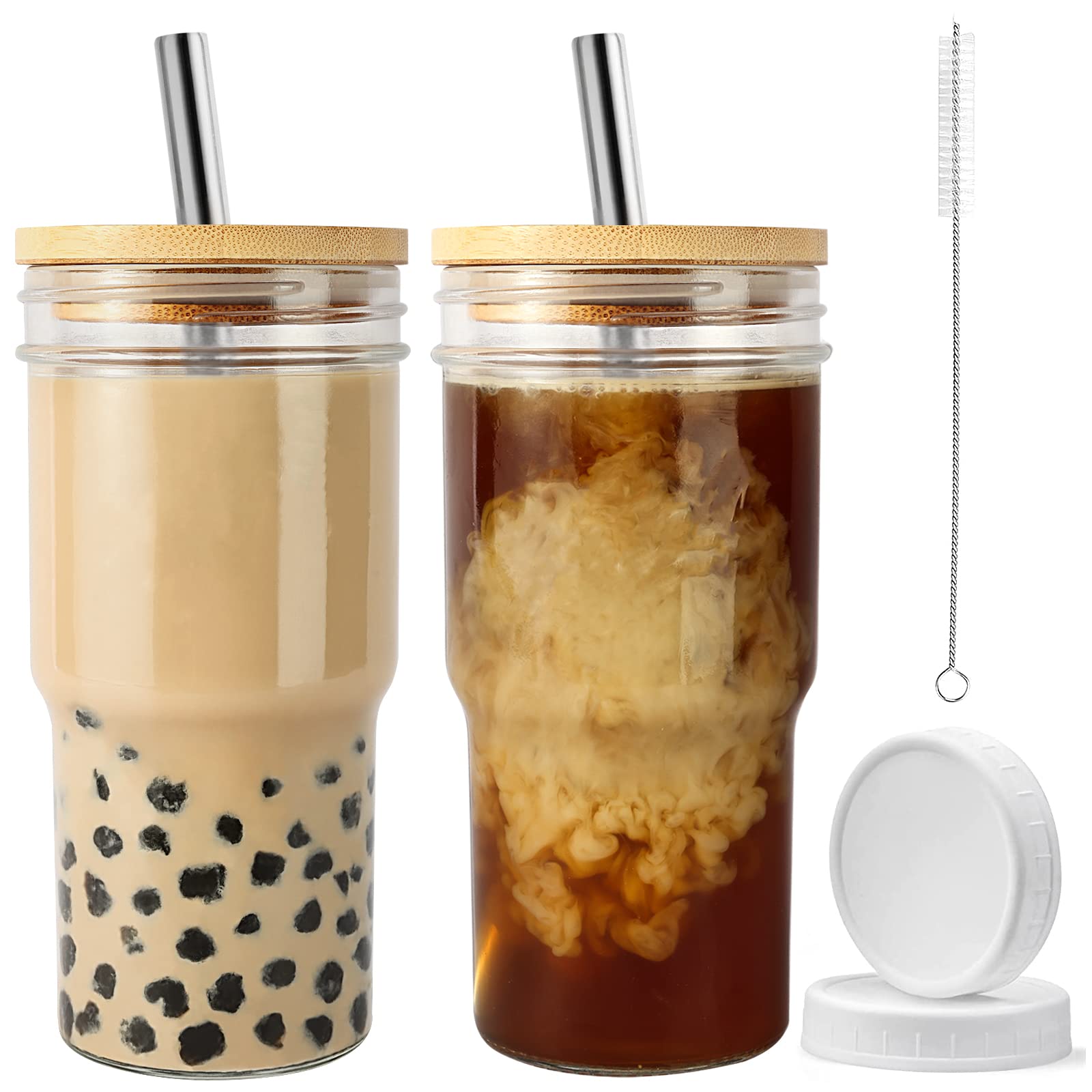 Reusable Boba Cup Smoothie Cup Boba Tea Cups, 2 Pack Wide Mouth 22oz Glasse Iced Coffee Cup with Bamboo Lid and Straw, Mason Jar Cup Drinking Glasses Tumbler with Straw and Lid (Silver Straw, 2)