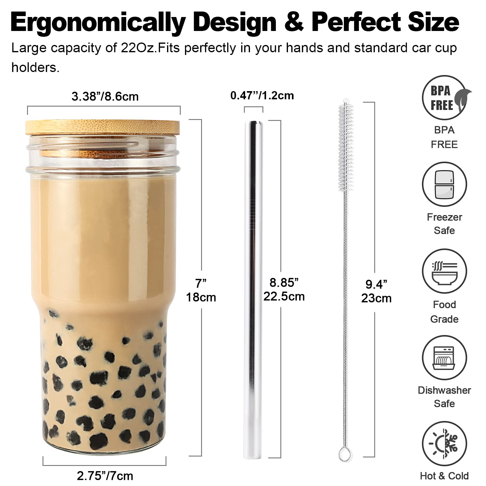 Reusable Boba Cup Smoothie Cup Boba Tea Cups, 2 Pack Wide Mouth 22oz Glasse Iced Coffee Cup with Bamboo Lid and Straw, Mason Jar Cup Drinking Glasses Tumbler with Straw and Lid (Silver Straw, 2)
