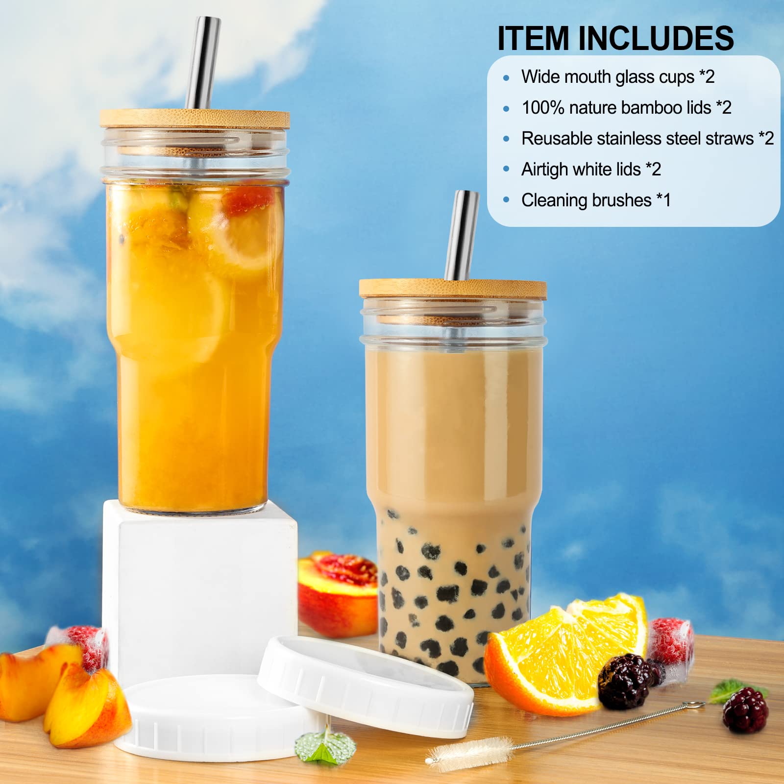 Reusable Boba Cup Smoothie Cup Boba Tea Cups, 2 Pack Wide Mouth 22oz Glasse Iced Coffee Cup with Bamboo Lid and Straw, Mason Jar Cup Drinking Glasses Tumbler with Straw and Lid (Silver Straw, 2)