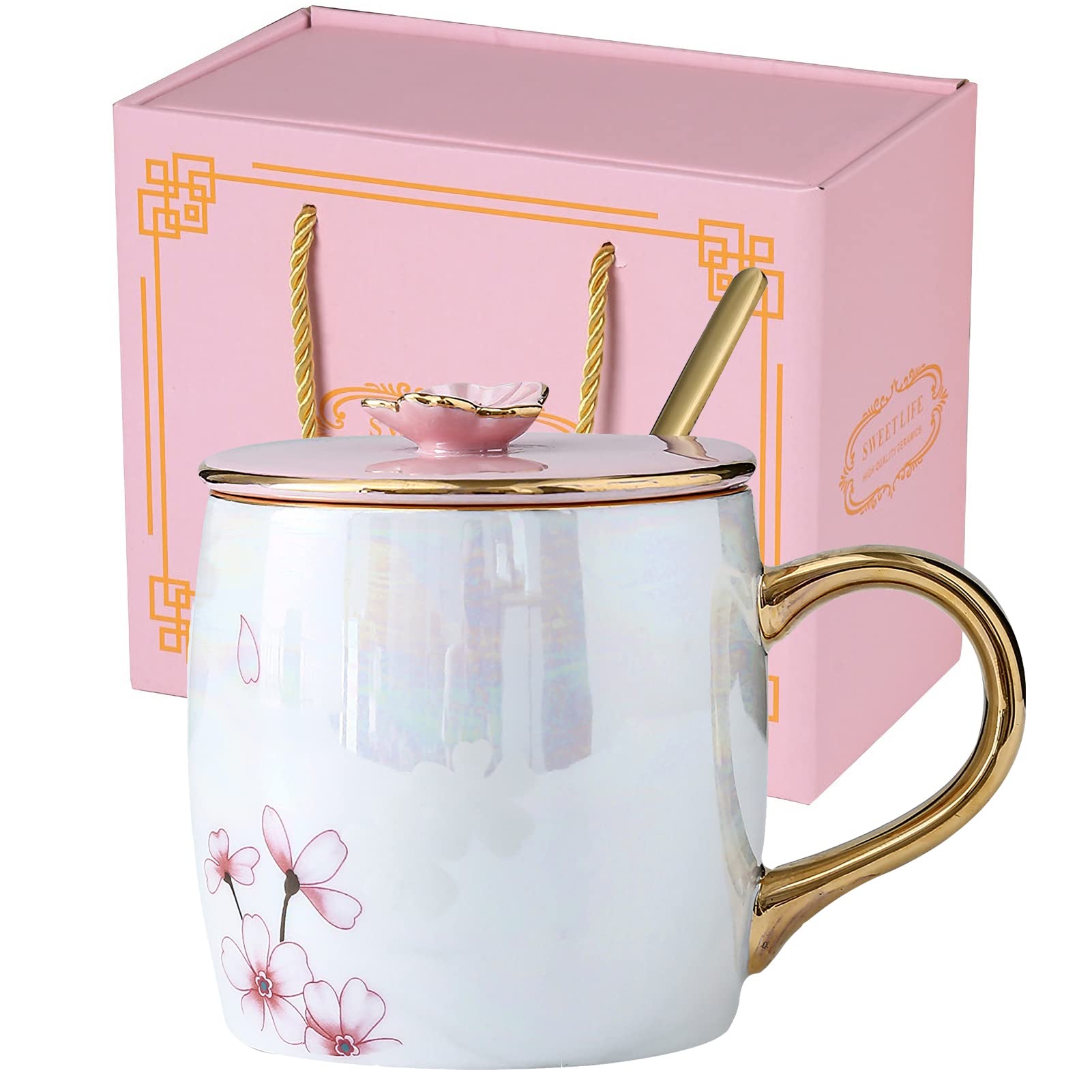 KEYIGOU 13.5oz Cherry Blossom Ceramic Mug with Lid Gold Spoon Pretty Tea Cup Coffee Mugs for Women Unique Sakura Gifts