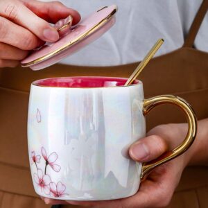 KEYIGOU 13.5oz Cherry Blossom Ceramic Mug with Lid Gold Spoon Pretty Tea Cup Coffee Mugs for Women Unique Sakura Gifts