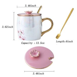 KEYIGOU 13.5oz Cherry Blossom Ceramic Mug with Lid Gold Spoon Pretty Tea Cup Coffee Mugs for Women Unique Sakura Gifts