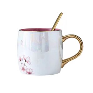 KEYIGOU 13.5oz Cherry Blossom Ceramic Mug with Lid Gold Spoon Pretty Tea Cup Coffee Mugs for Women Unique Sakura Gifts