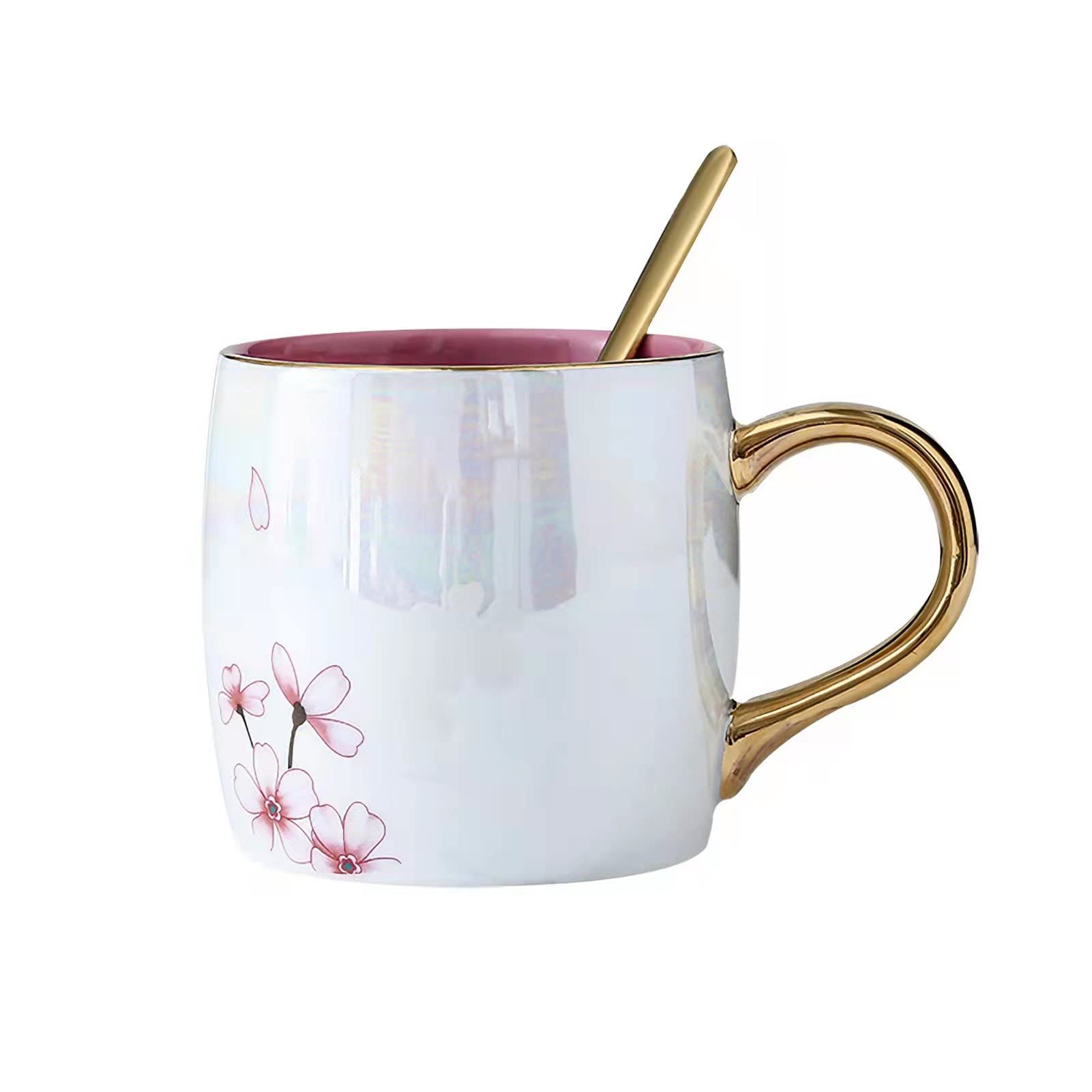 KEYIGOU 13.5oz Cherry Blossom Ceramic Mug with Lid Gold Spoon Pretty Tea Cup Coffee Mugs for Women Unique Sakura Gifts