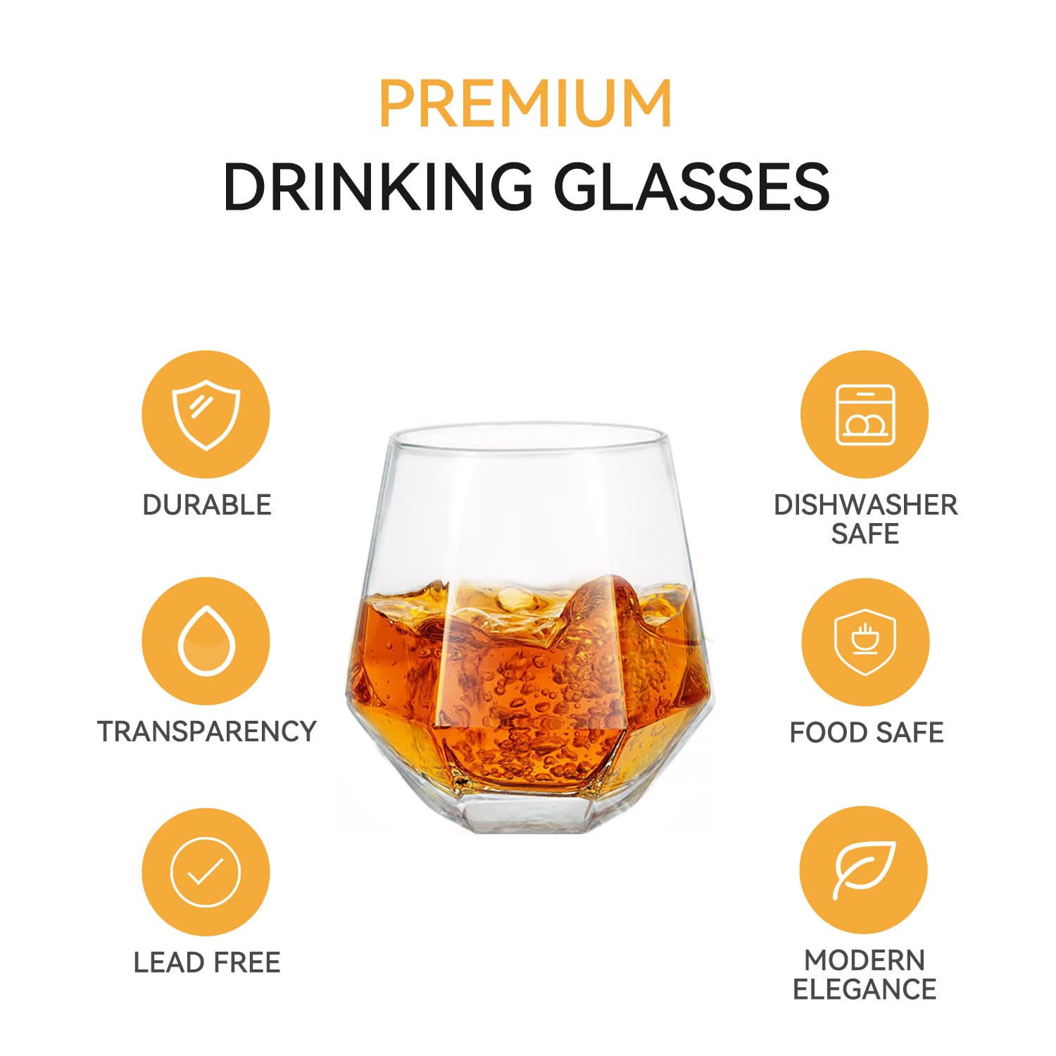 [6-Pack,10 Oz] Design·Master- Diamond Wine Glasses, Stemless Wine Glasses, Diamond Whiskey Glasses, Drinking Glasses, Ideal for Red and White Wine,Kitchen Glassware, Wedding and Party Gifts