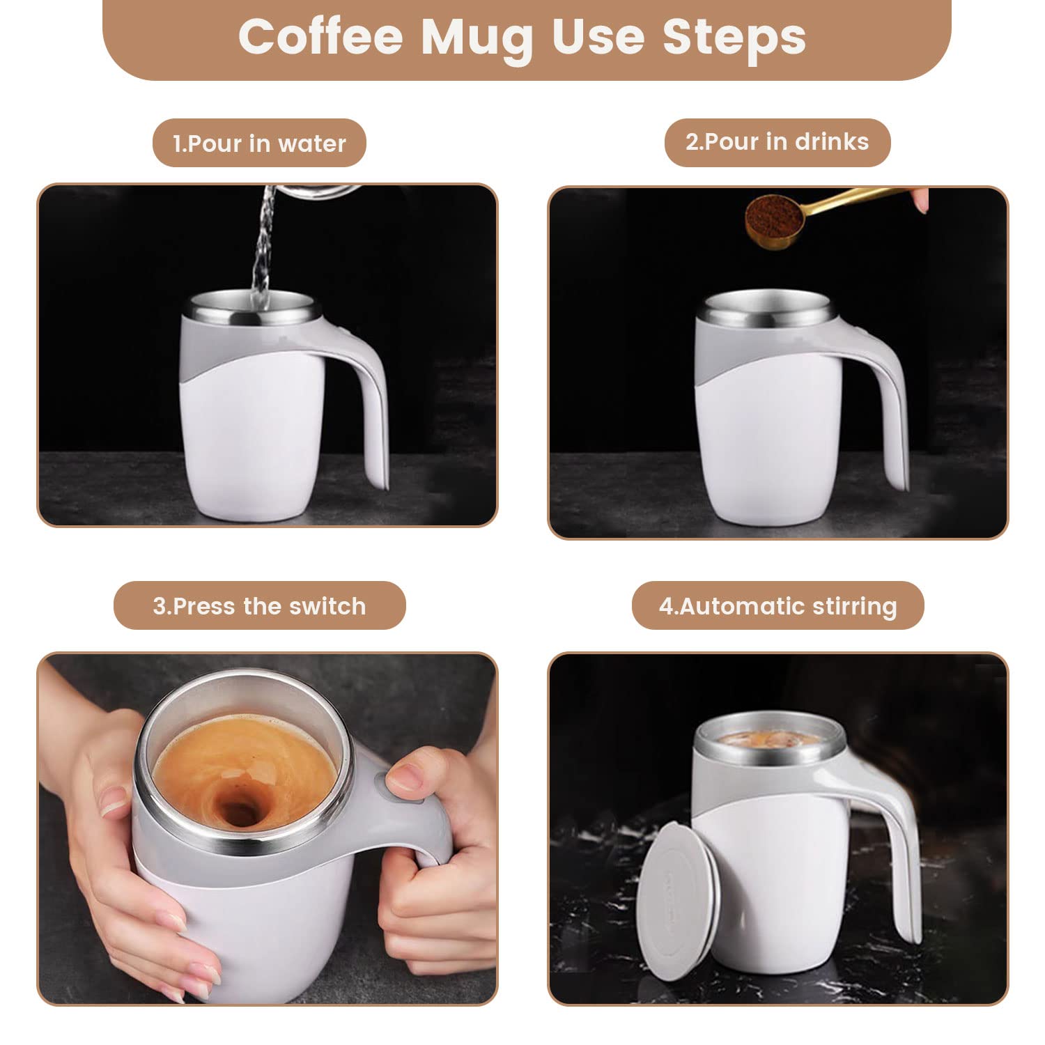 BTRICL Self Stirring Coffee Mug echargeable 380ML Stainless Steel Mug for Coffee Milk Cocoa Tea Hot Chocolate