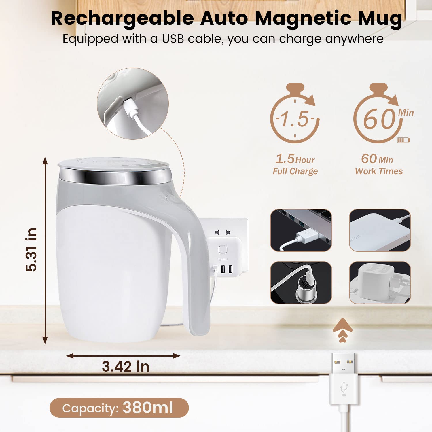 BTRICL Self Stirring Coffee Mug echargeable 380ML Stainless Steel Mug for Coffee Milk Cocoa Tea Hot Chocolate