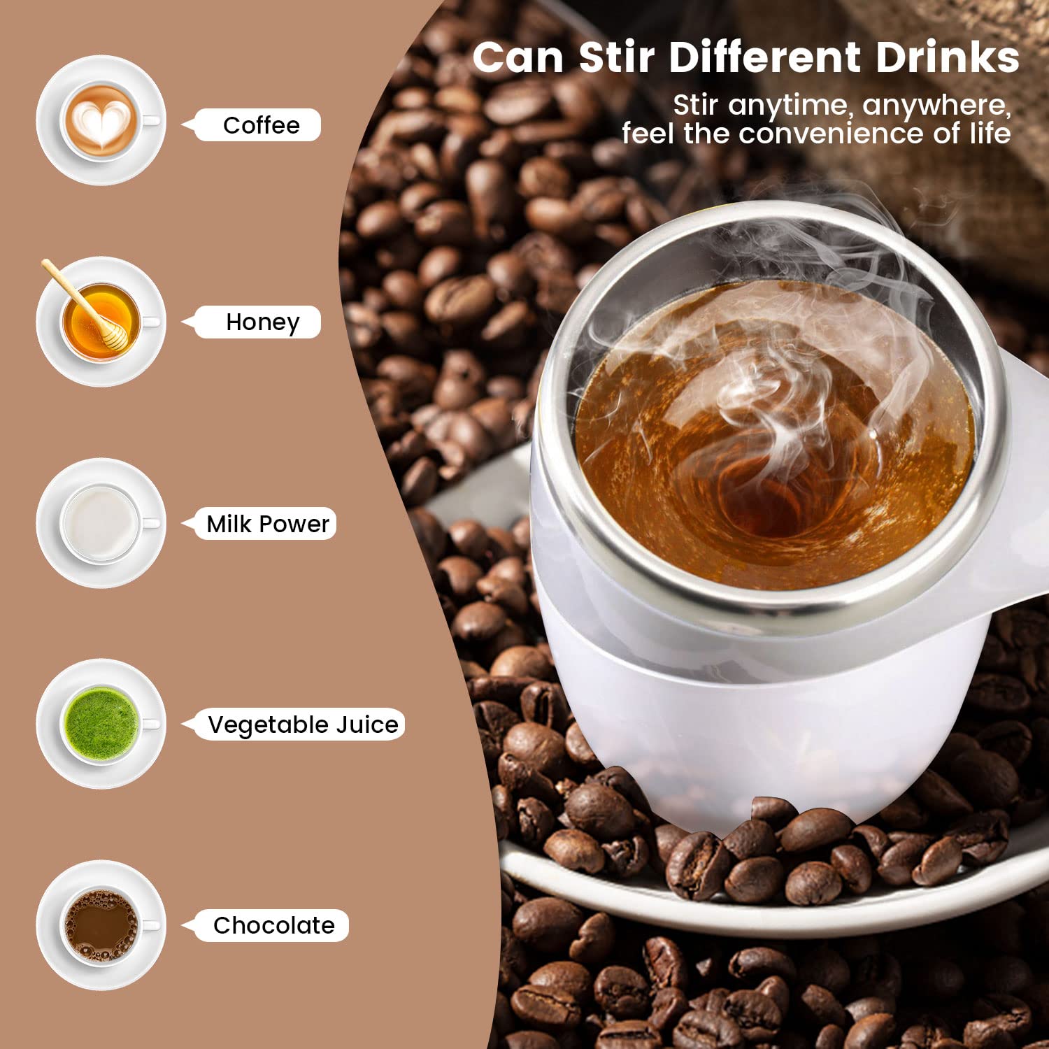 BTRICL Self Stirring Coffee Mug echargeable 380ML Stainless Steel Mug for Coffee Milk Cocoa Tea Hot Chocolate