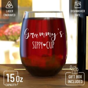 shop4ever Grammy's Sippy Cup Engraved Stemless Wine Glass 15 oz. Mother's Day Gift for Grandma