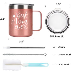 GINGPROUS Best Mom Ever Insulated Travel Mug, Mother's Day Christmas Birthday Gifts for Mom Mother New Mom Mom to Be Mama, Stainless Steel Insulated Coffee Mug with Lid and Straw(12 Oz, Rose Gold)