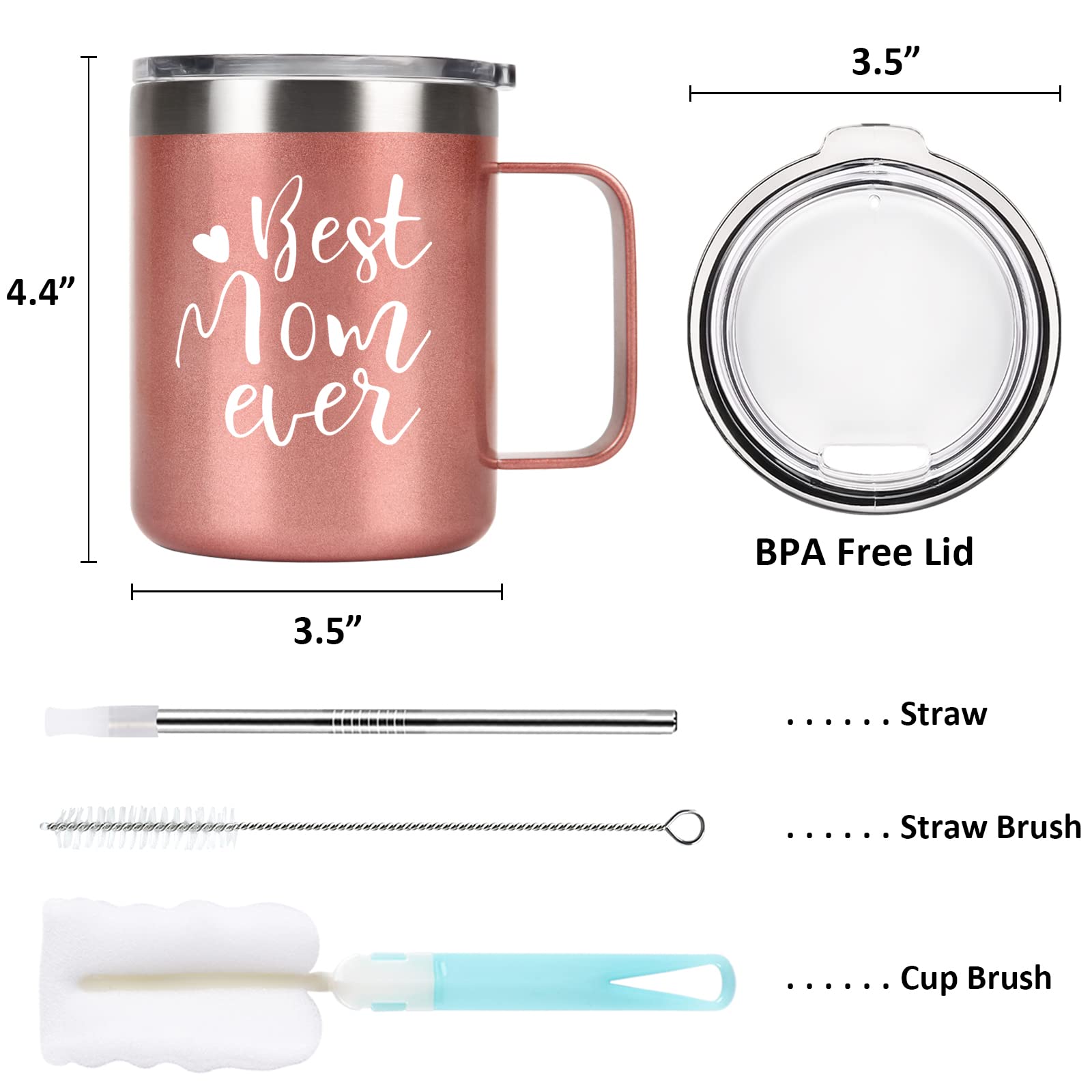 GINGPROUS Best Mom Ever Insulated Travel Mug, Mother's Day Christmas Birthday Gifts for Mom Mother New Mom Mom to Be Mama, Stainless Steel Insulated Coffee Mug with Lid and Straw(12 Oz, Rose Gold)