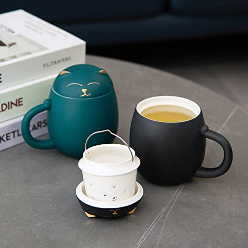 HEER Ceramic Tea Mug with Infuser and Lid, Cute Cat Tea Cup with Filter for Steeping Loose Leaf, Chinese Handmade Porcelain Teacup for Home Office. (Black)