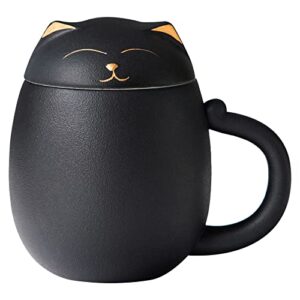 heer ceramic tea mug with infuser and lid, cute cat tea cup with filter for steeping loose leaf, chinese handmade porcelain teacup for home office. (black)