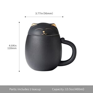HEER Ceramic Tea Mug with Infuser and Lid, Cute Cat Tea Cup with Filter for Steeping Loose Leaf, Chinese Handmade Porcelain Teacup for Home Office. (Black)