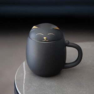 HEER Ceramic Tea Mug with Infuser and Lid, Cute Cat Tea Cup with Filter for Steeping Loose Leaf, Chinese Handmade Porcelain Teacup for Home Office. (Black)