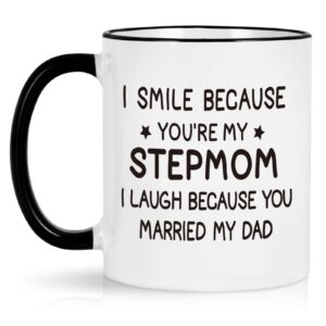 maustic stepmom mothers day gifts, i smile because you are my stepmom funny coffee mug, christmas birthday gifts for stepmom from bonus daughter bonus son, step mom coffee mug 11 oz white