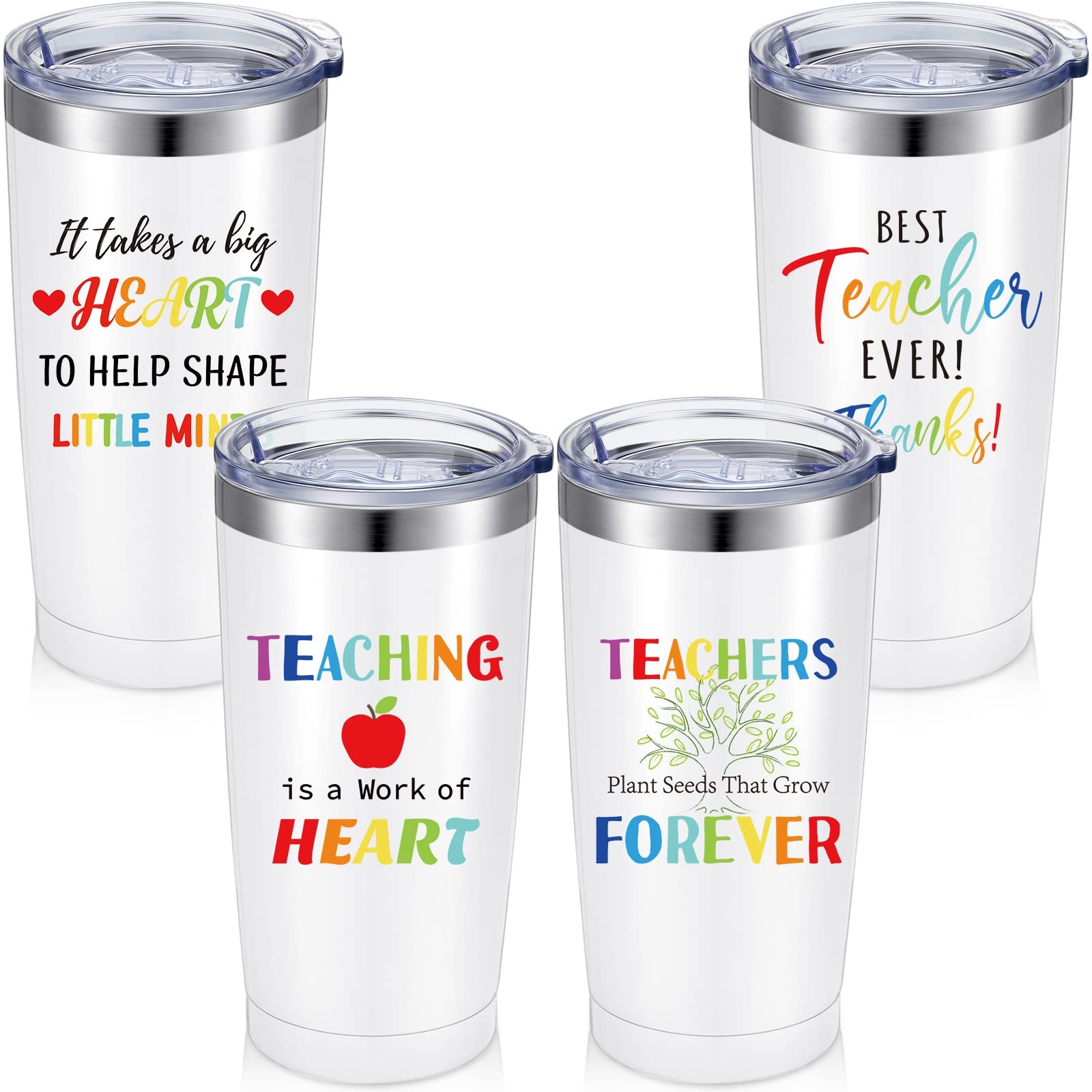 Patelai 4 Pcs Teacher Appreciation Gifts Best Teacher Birthday Gifts Stainless Steel Insulated Tumblers Set Funny Thank You Tumbler Coffee Mugs for Graduation Teachers' Day Present (White)