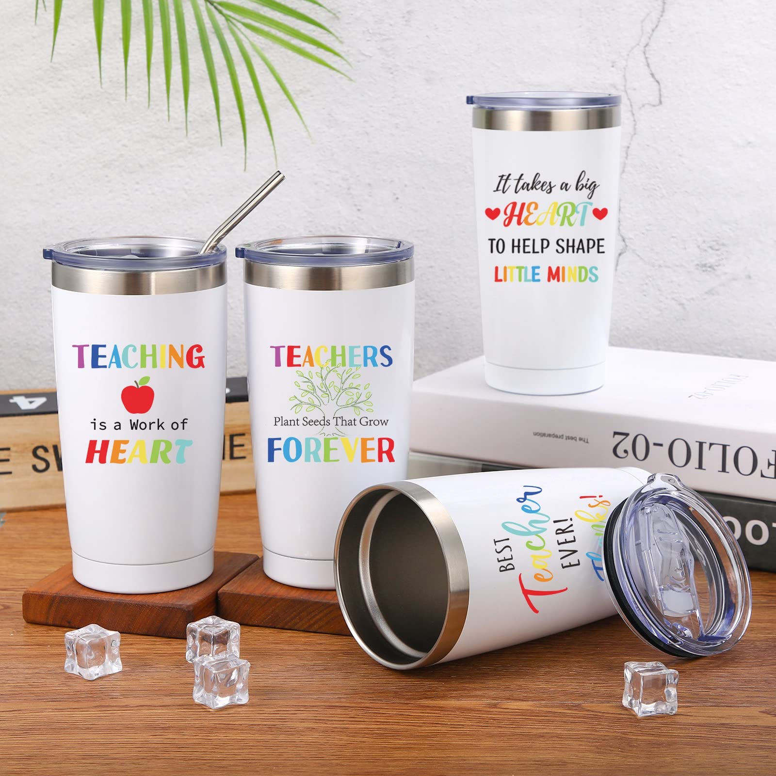 Patelai 4 Pcs Teacher Appreciation Gifts Best Teacher Birthday Gifts Stainless Steel Insulated Tumblers Set Funny Thank You Tumbler Coffee Mugs for Graduation Teachers' Day Present (White)