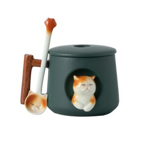 dihoclub adorable 3d ceramic cat mug with lid and spoon - perfect for coffee, tea, milk, and more - ideal gift for animal lovers - 14 ounces (green)