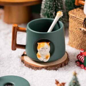 DIHOclub Adorable 3D Ceramic Cat Mug with Lid and Spoon - Perfect for Coffee, Tea, Milk, and More - Ideal Gift for Animal Lovers - 14 Ounces (Green)
