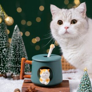 DIHOclub Adorable 3D Ceramic Cat Mug with Lid and Spoon - Perfect for Coffee, Tea, Milk, and More - Ideal Gift for Animal Lovers - 14 Ounces (Green)