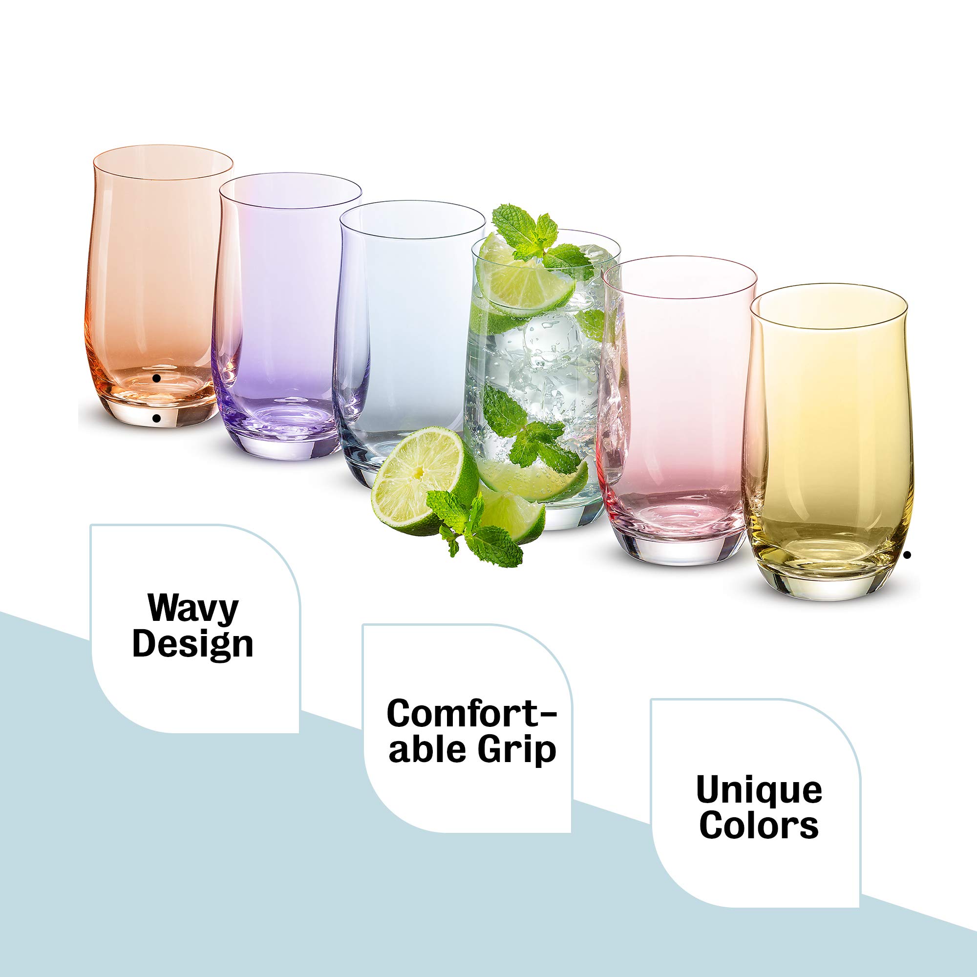 Colorful Drinking Glasses [Set of 6 | 14 Ounces]Colored Glass Cups with Heavy Weighted Base, Multi-Colored Glasses, Drinking Cups, Beer Glasses, Highball Glasses, Glass Tumbler, Cocktail Mixing Glass