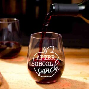 GSM Brands Stemless Wine Glass for Teachers (After School Snack) Made of Unbreakable Tritan Plastic and Dishwasher Safe - 16 ounces