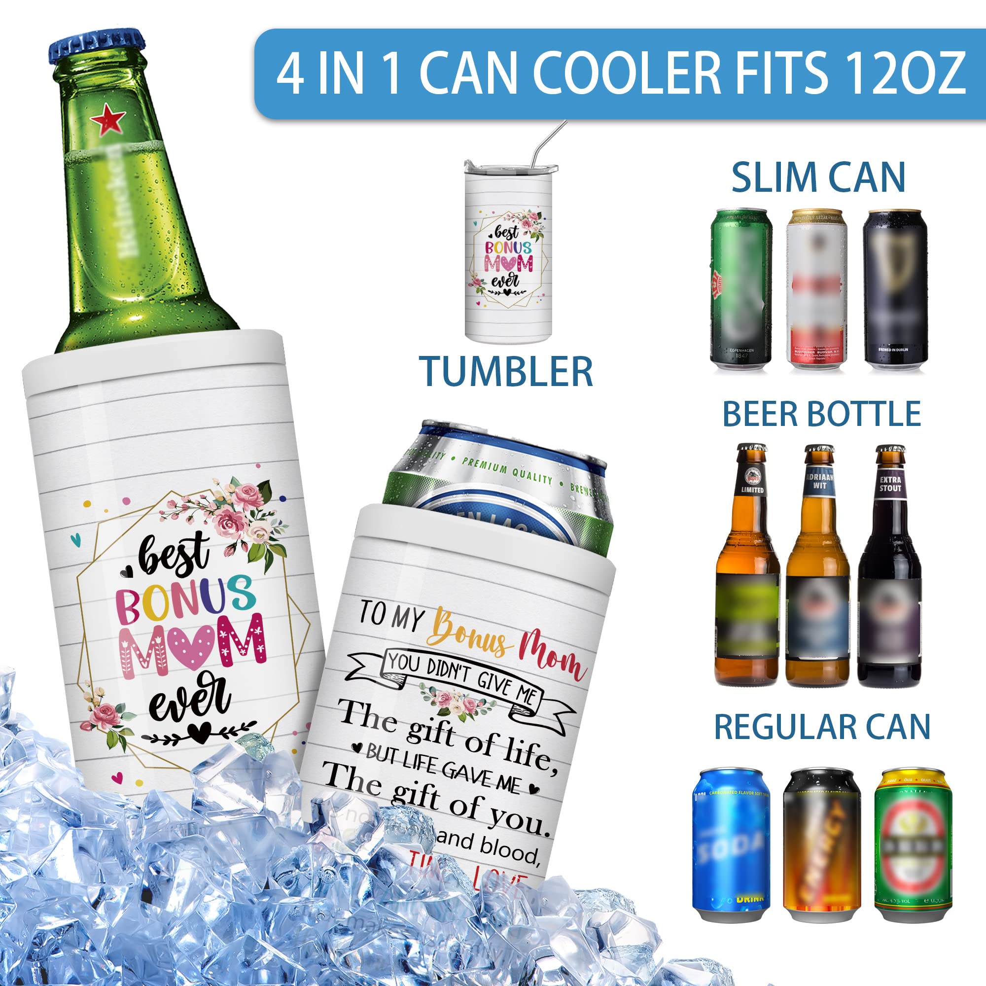 4 in 1 Skinny Can Cooler for Slim Bottle & Hard Seltzer, Bonus Mom Gifts, White Insulated Stainless Steel Tumbler with Lid, Non-slip, Doucle-Walled Vacuum, Leak Proof Cool Drink Holder