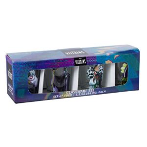 Silver Buffalo Disney Villains Queen, Cruella, Malificent, and Ursula 4 Pack Mini Glass Set, 1.5 Ounce