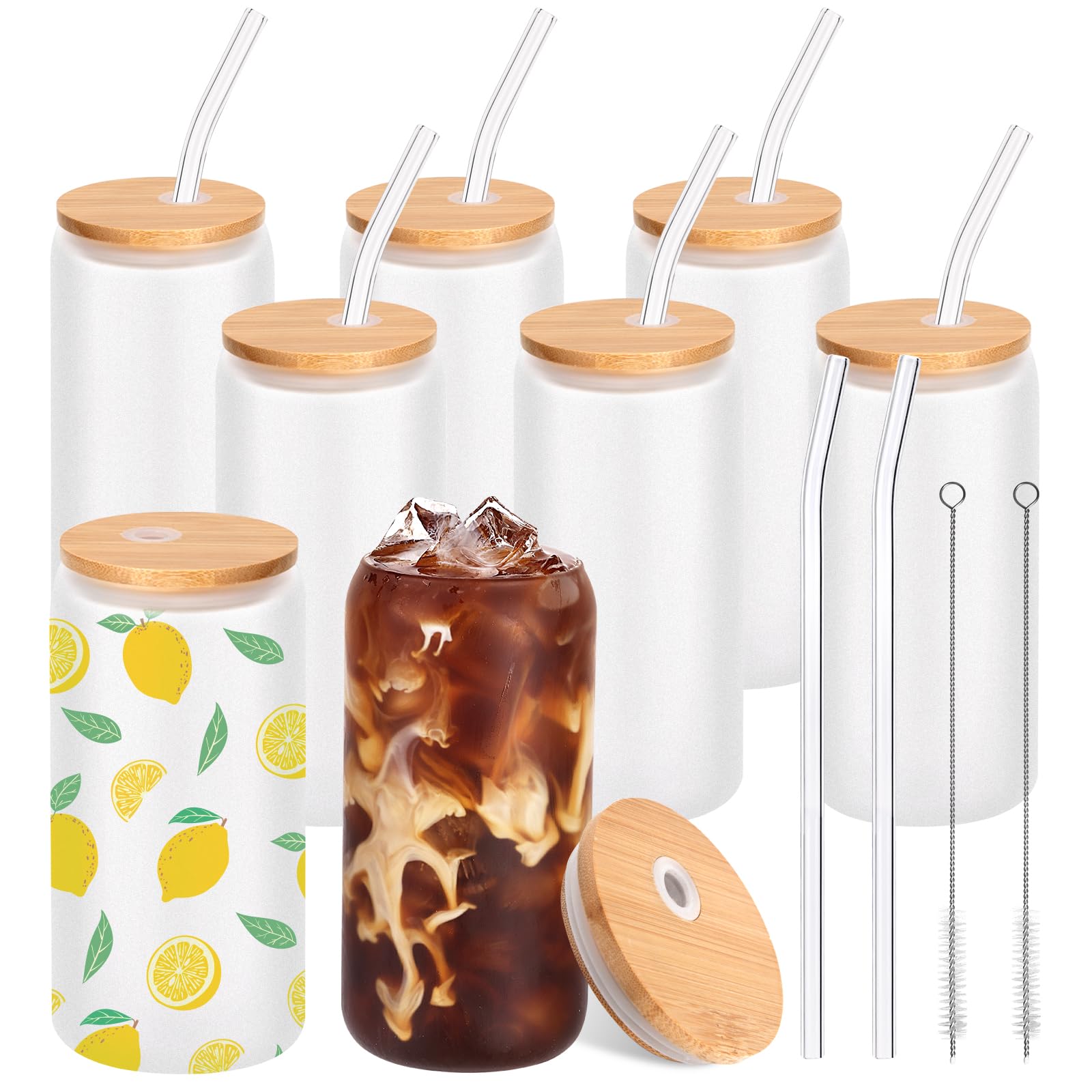 Moretoes 16oz Sublimation Glass Cups with Lids and Straws, Iced Coffee Cups, Reusable Drinking Glasses Set of 8