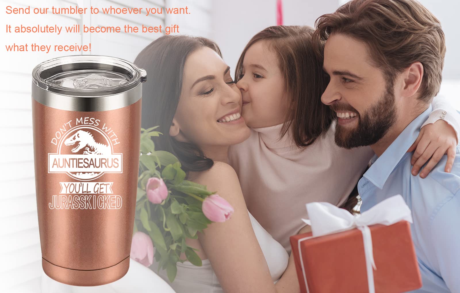 Auntiesaurus Tumbler Don't Mess with Auntiesaurus You'll Get Jurasskicked Travel Tumbler Birthday Mothers Day Gifts for Auntie Aunt from Nephew Niece Auntie Gifts with 2 Lids and Straws 20OZ Rose Gold