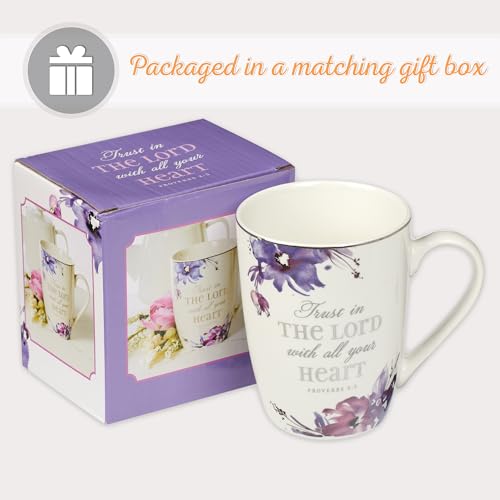 Christian Art Gifts Ceramic Coffee and Tea Mug for Women 11 oz White with Purple Floral Inspirational Bible Verse Mug - Trust in the Lord - Proverbs 3:5 Lead-free Novelty Scripture Mug