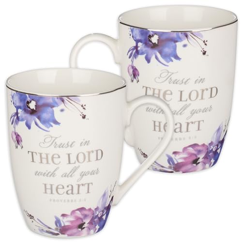 Christian Art Gifts Ceramic Coffee and Tea Mug for Women 11 oz White with Purple Floral Inspirational Bible Verse Mug - Trust in the Lord - Proverbs 3:5 Lead-free Novelty Scripture Mug