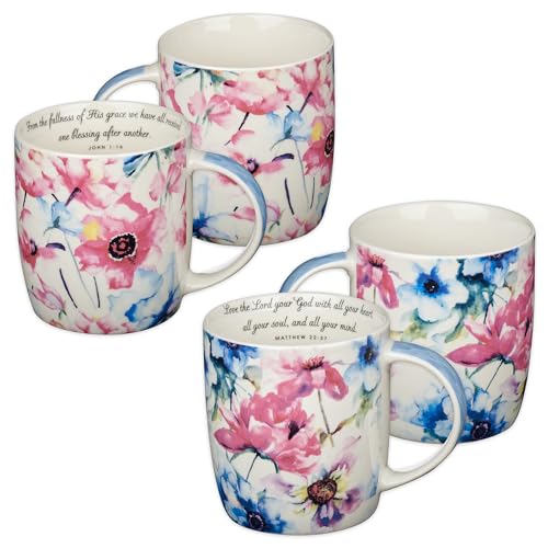 Christian Art Gifts Ceramic Coffee or Tea Mug Set for Women, Seeds of Love Garden Blooms Design Bible Verse Mug Set, Boxed Set of 4 Coffee Cups