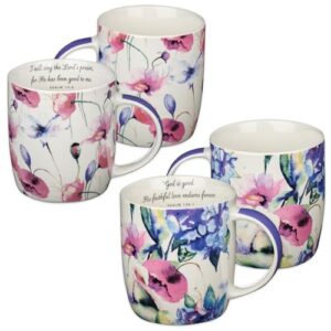 Christian Art Gifts Ceramic Coffee or Tea Mug Set for Women, Seeds of Love Garden Blooms Design Bible Verse Mug Set, Boxed Set of 4 Coffee Cups