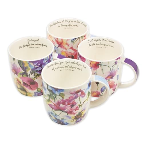 Christian Art Gifts Ceramic Coffee or Tea Mug Set for Women, Seeds of Love Garden Blooms Design Bible Verse Mug Set, Boxed Set of 4 Coffee Cups