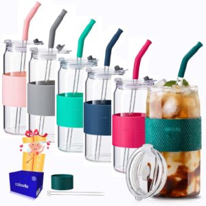 colovie 20oz mixed drinking glasses with 6 colors, thicken reusable glass tumblers with lids and straws, removable silicone sleeve for hot or iced drinking, unique colorful glass cups