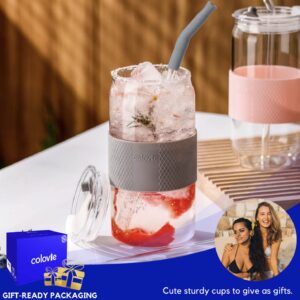 ColoVie 20oz Mixed Drinking Glasses with 6 Colors, Thicken Reusable Glass Tumblers with Lids and Straws, Removable Silicone Sleeve for Hot or Iced Drinking, Unique Colorful Glass Cups