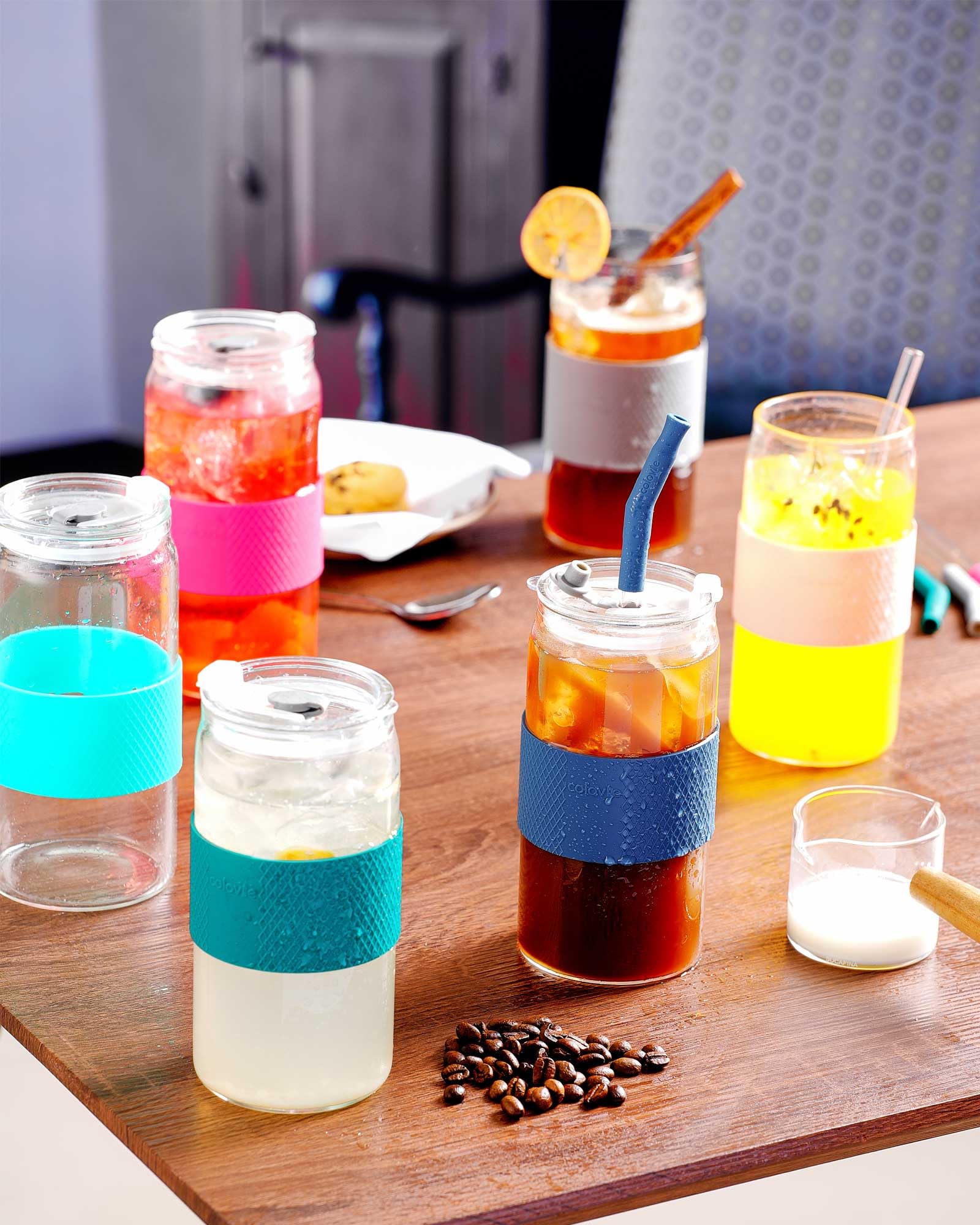 ColoVie 20oz Mixed Drinking Glasses with 6 Colors, Thicken Reusable Glass Tumblers with Lids and Straws, Removable Silicone Sleeve for Hot or Iced Drinking, Unique Colorful Glass Cups