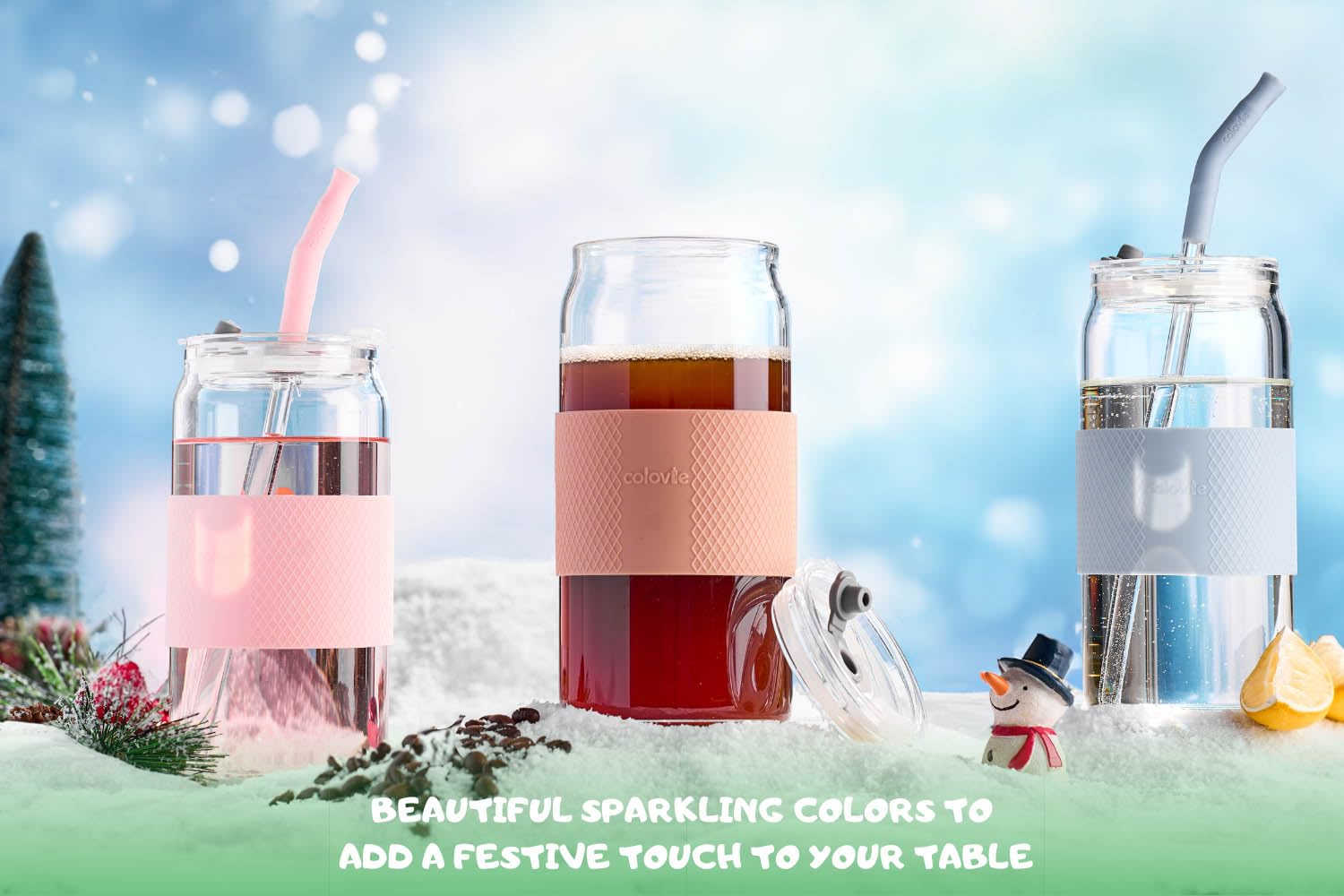 ColoVie 20oz Mixed Drinking Glasses with 6 Colors, Thicken Reusable Glass Tumblers with Lids and Straws, Removable Silicone Sleeve for Hot or Iced Drinking, Unique Colorful Glass Cups