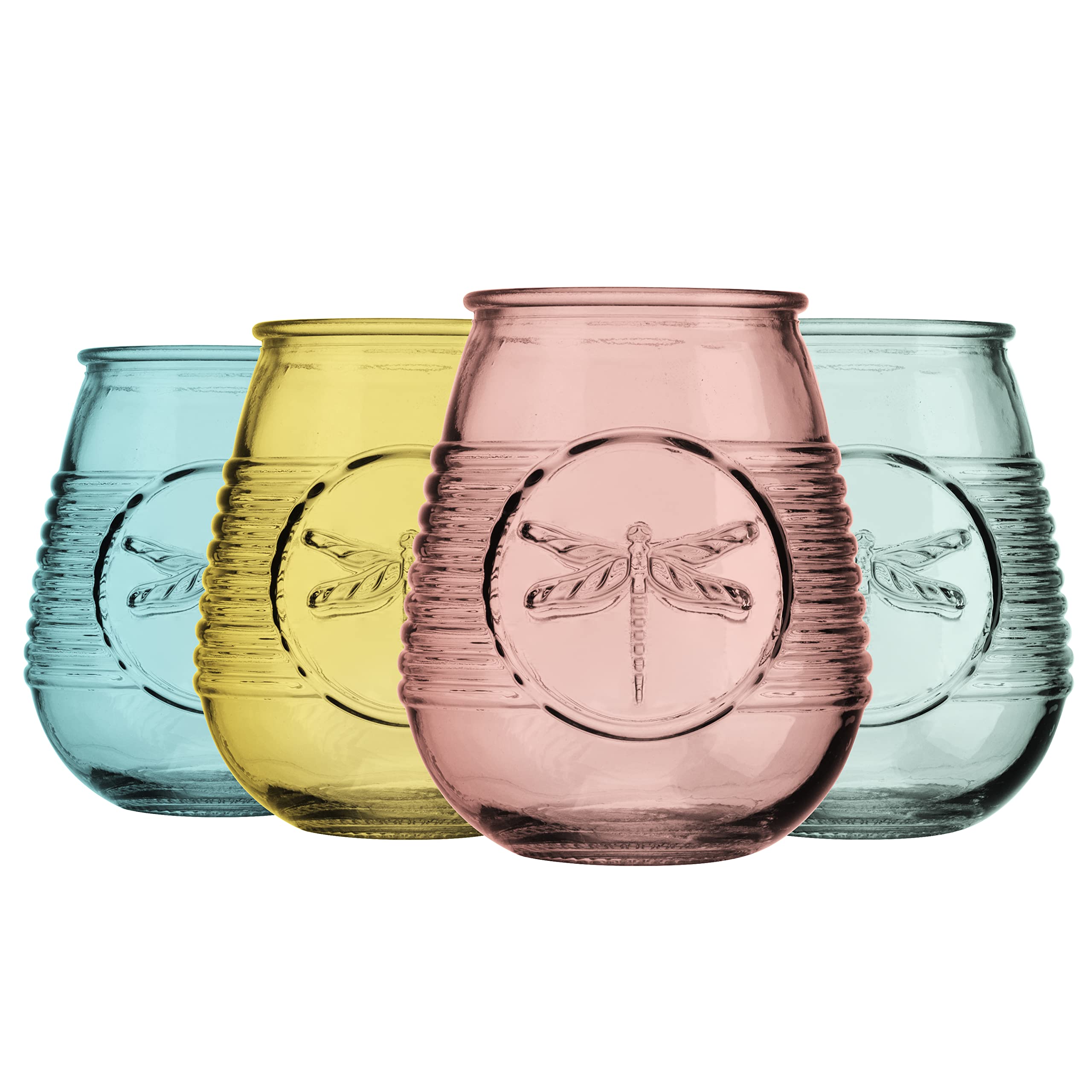 Glaver's Set Of 4 21 Oz. Colored Glasses, Multicolor Embossed Dragonfly Wine Glasses, Vintage Drinking Glasses, Tumblers For All You Favorite Cocktails And Beverages, Handwash Only